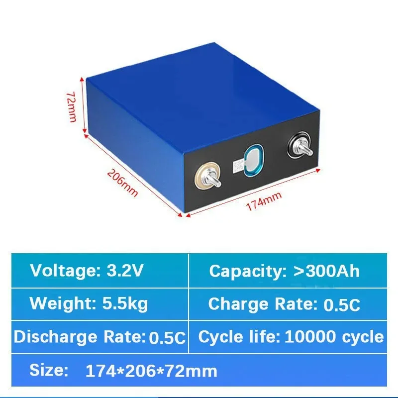 4PCS 3.2V 300ah Lifepo4 Cell Aluminium Prismatic Shell Battery For DIY 12V 24V 48V Lithium Battery Pack for Solar RV Inverter