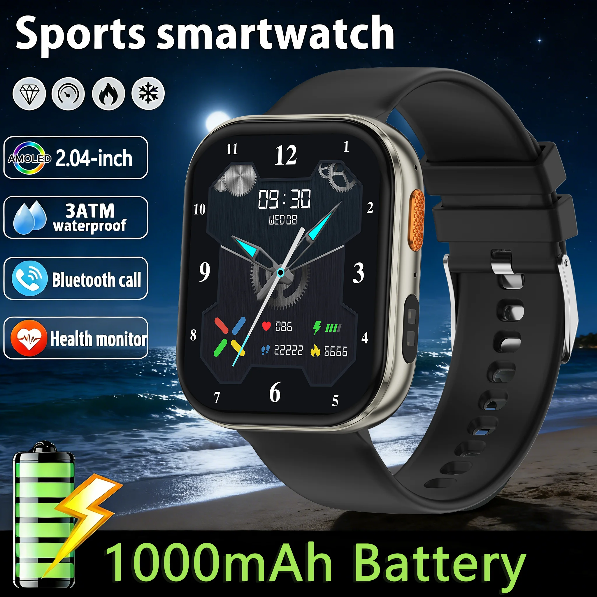 

Новые смарт-часы 2026 года для мужчин: аккумулятор 1000 мАч, AMOLED-экран 2,04 дюйма, измерение пульса, 100+ спортивных режимов, звонки по Bluetooth, водонепроницаемость 3ATM