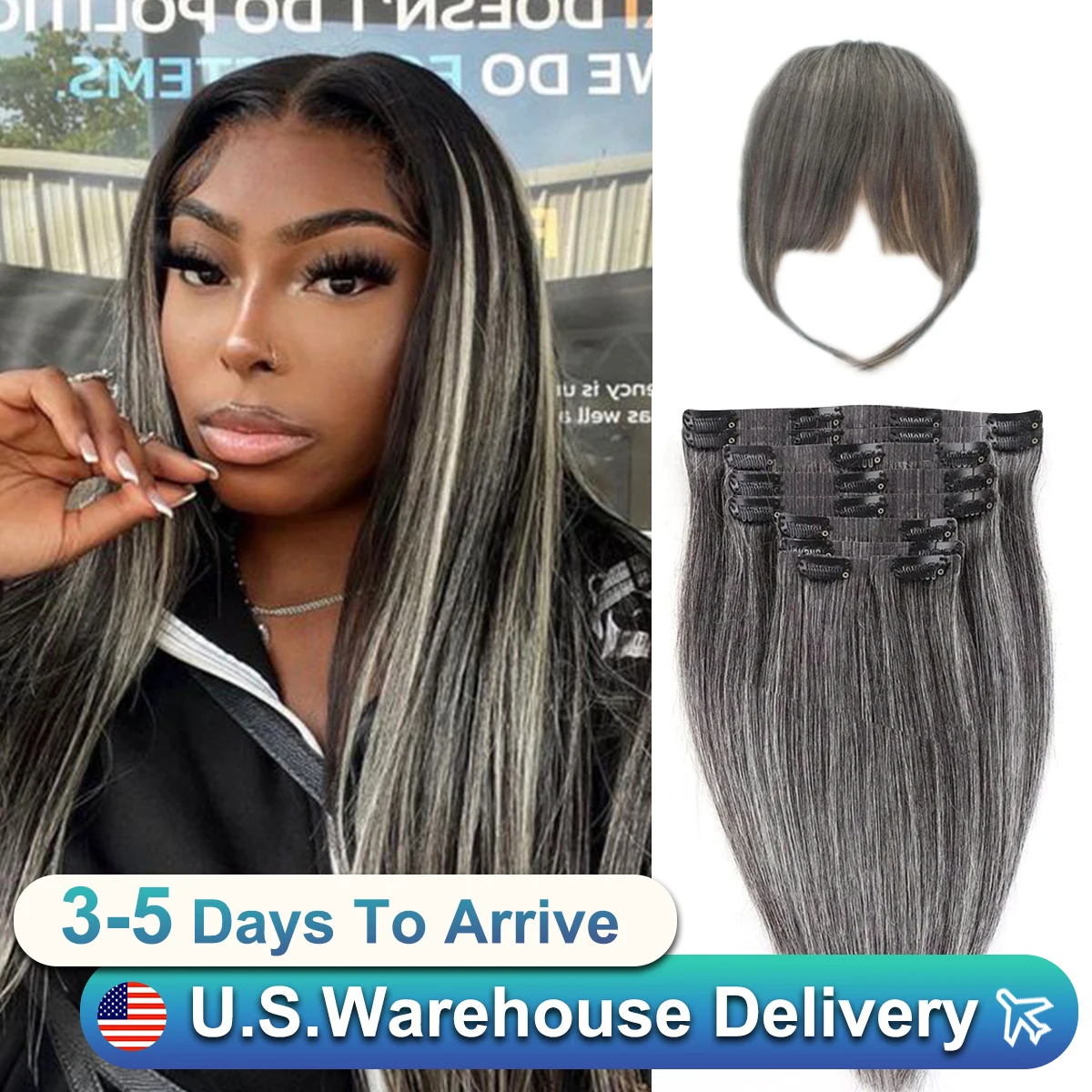 Grey 24inch Clip in Hair Extensions Real Human Hair Straight 100% Brazilian Remy Human Hair Clip in Hair Extensions For Women