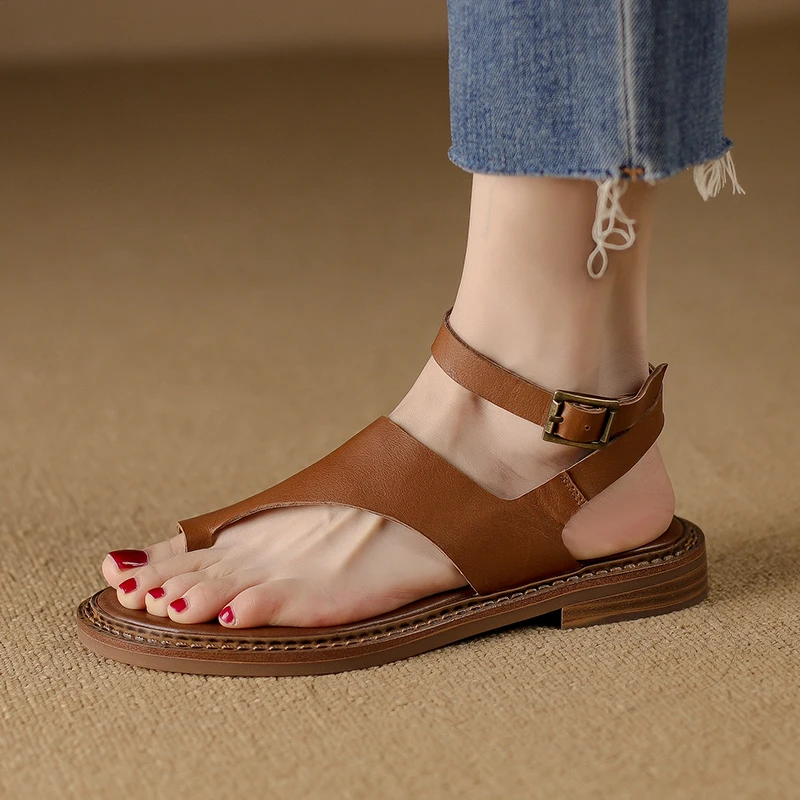 Women Toe Sandal Genuine Leather Sandals Concise Fashion Casual Working Low Heels Shoes Woman 2023 Summer Retro Style Leisure