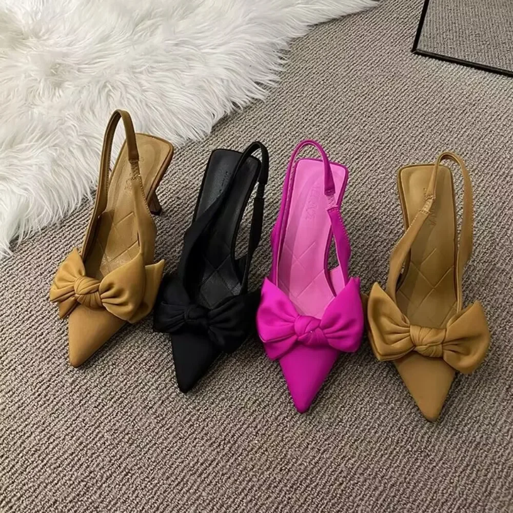 Zapatos de mujer, novedad de verano, Nudo de mariposa, zapatos de tacón con talón descubierto para mujer, vestido Sexy, tacón fino, punta estrecha, tacones altos para mujer