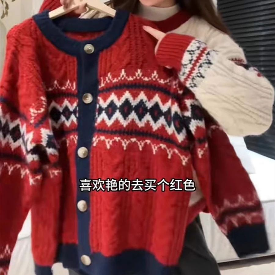 Fair Isle Y2K Sweet Argyle Pattern Knitted Cardigan for Girls Preppy Students Loose Oversized Sweaters Coats Winter Autumn Tops