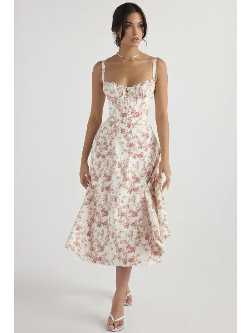 ファッションセクシーなスプリット女性ボヘミアロングドレス夏の高級エレガントな V ネックノースリーブスリップフラワービーチサンドレスマディドレス BQ8W