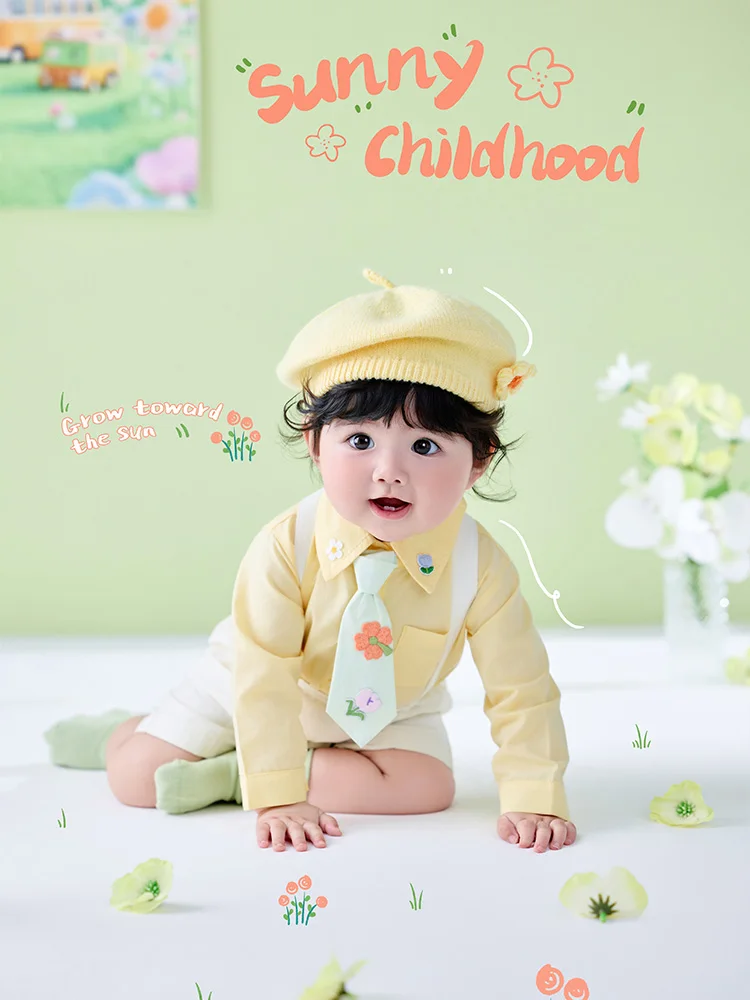 baby-100-days-milestone-photo-shoot-outfit-floral-tie-suspender-shorts-knit-beret-socks-baby-photography-clothing-set-for-studio