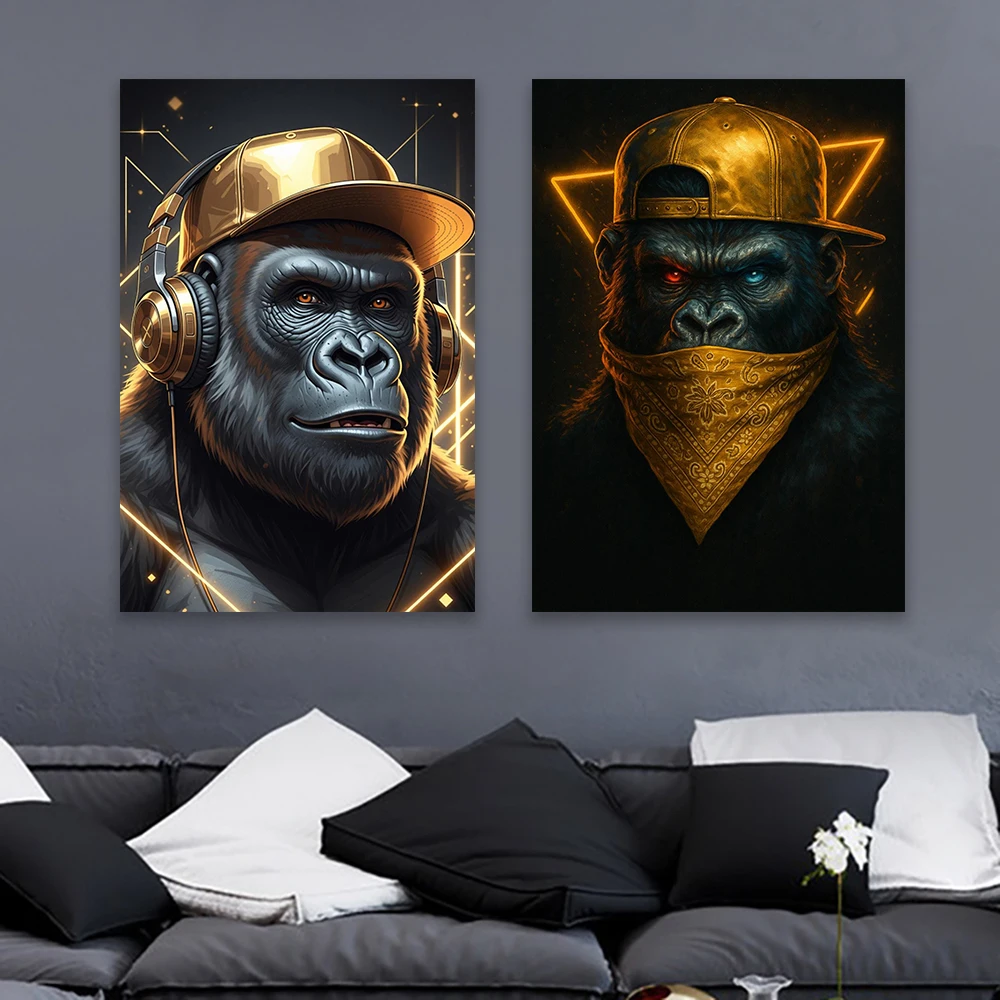 

Modern Gorilla Portrait Canvas Painting Street Style Wall Art Print Neon Light Background Poster Modern Animal Canvas Decoration