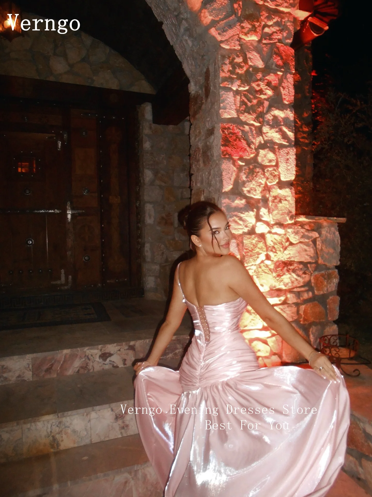 Verngo Pink Shiny Evening Dress One Shoulder A Line Pleated Formal Occasion Dresses Night Prom Party Gowns Arabic Customized - Image 3