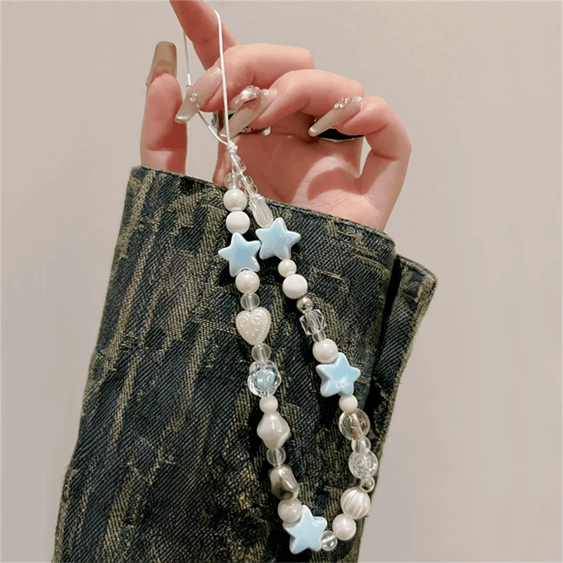 

Korean Cute 3D Blue Star Love Heart Beaded Phone Chain Charm Lanyard For iPhone 15 CCD Camera Hanging Rope Girl Jewelry Pendant