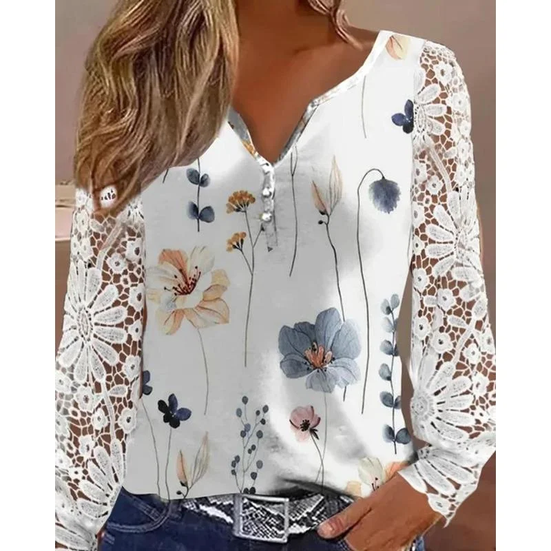 Spring and Autumn Women's Top Sexy V-neck Button Printed Lace Long Sleeve Pullover T-shirt  Women Clothing