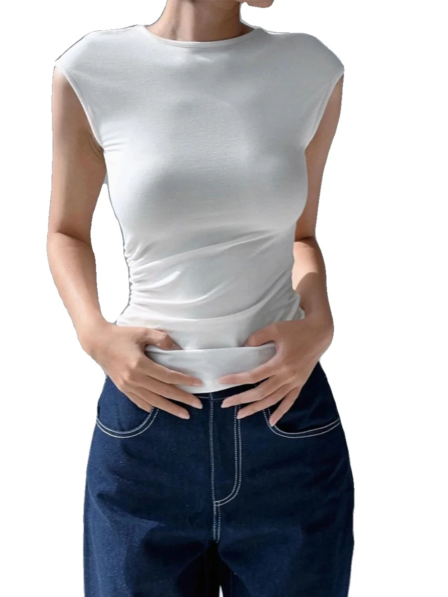 SUNDAYAM Spicy Girl White round Ne ort Sve T-irt Design Sense Pleated Slimming Base Layer Top Women's Faion