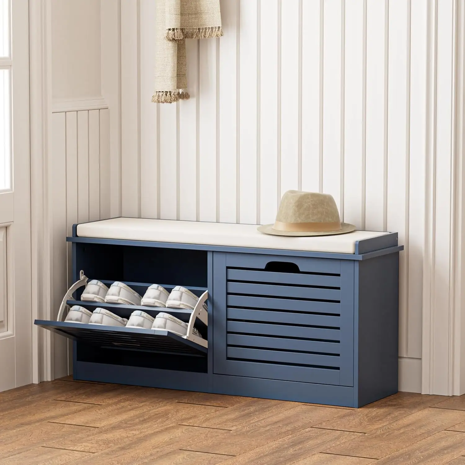 

Shoe Storage Bench with 2 Flip Drawer & Seat Cushion, Entryway Bench with Shoe Storage, Hidden Shoe Rack Bench for Hallway,