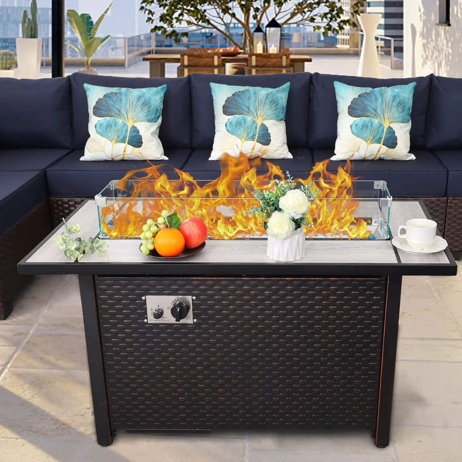 45 Inch Fire Table for Outside 60000 BTU Steel Gas Fire Pit Outdoor Fire Pit Table with Woodgrain Marble Tabletop Glass Wind