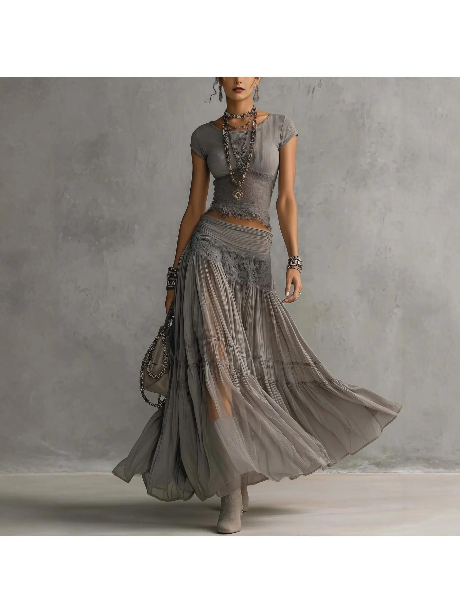 2026 Graues Strick-Top + Chiffon-Kleid Set Damenmode Elegantes Zweiteiler-Set Röcke Sets Outfits Große Schwingröcke Y2K