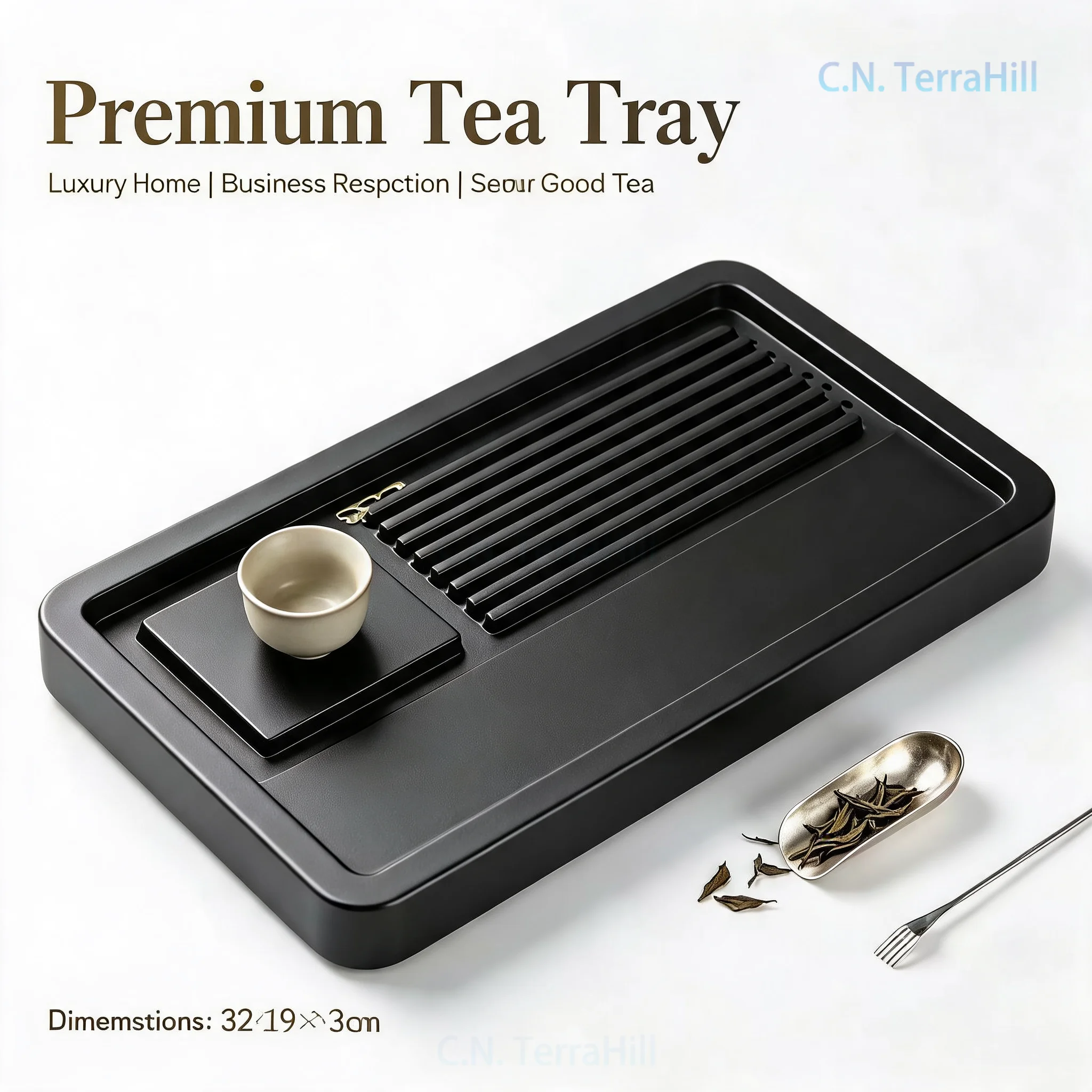 Solid Wood Tea Tray Rectangle Household Kung Fu Tea Set with Drainage for Living Room