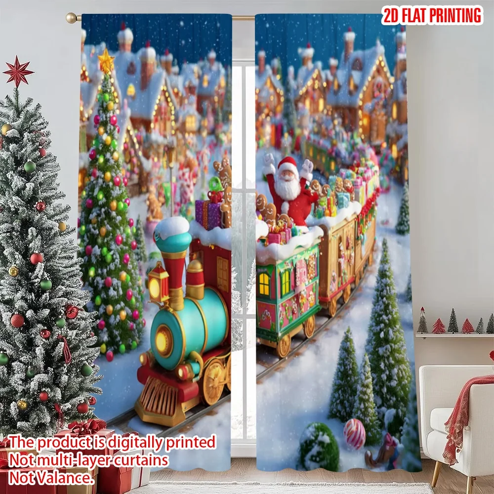 2 Stück 2D-Flachdruck Weihnachtsvorhang Weihnachtsmann Weihnachtszug Bild Stoff ohne Strom Festliche Vorhänge Verwendung für