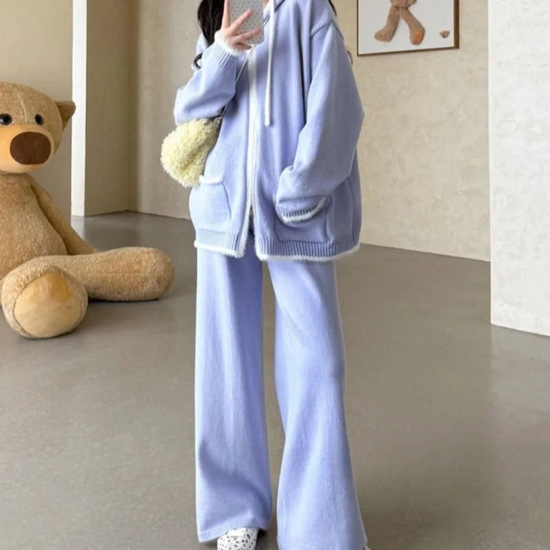 Pantaloni lavorati a maglia Vestito da donna Autunno allentato Colore a contrasto Cerniera con cappuccio Maglione pigro Pantaloni a gamba larga Inverno 2025 Nuovo set a due pezzi