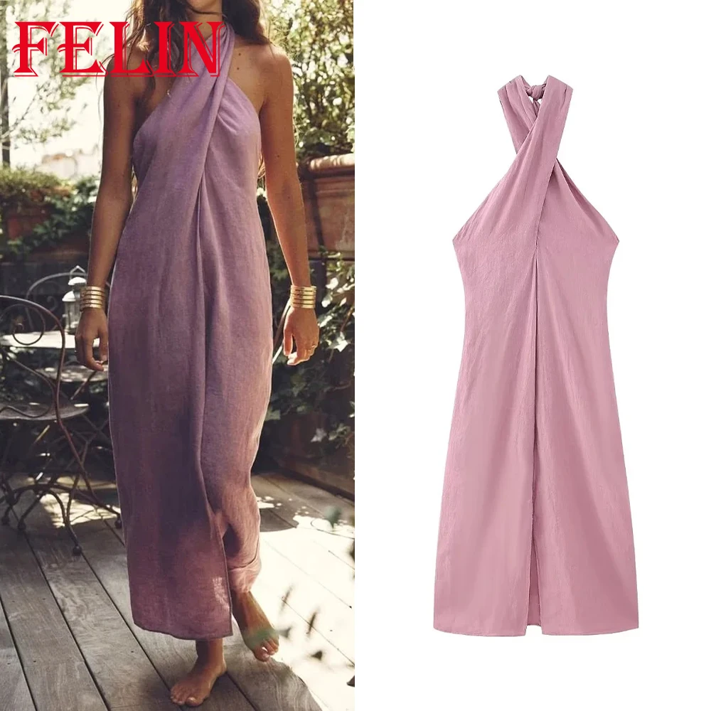 TRAF 2023 Summer Sexy Halter Slim Pink Dress Women Vintage Solid Long Dress Women Backless Front Split Elegant Holiday Dress