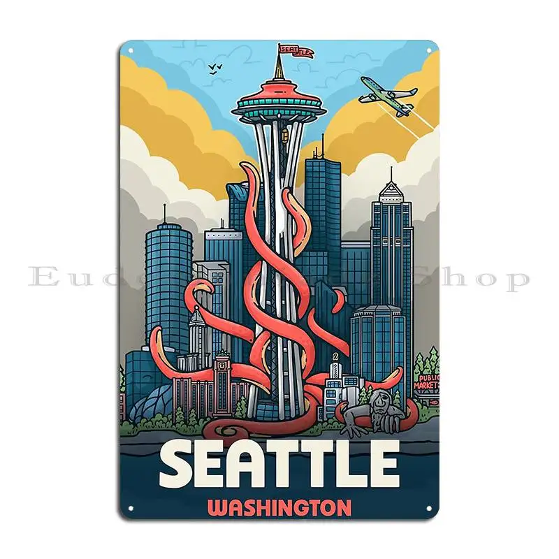 Seattle Space Needle Kraken Diamond Metal Plaque Garage Club Designing Wall Decor Custom Tin Sign Poster