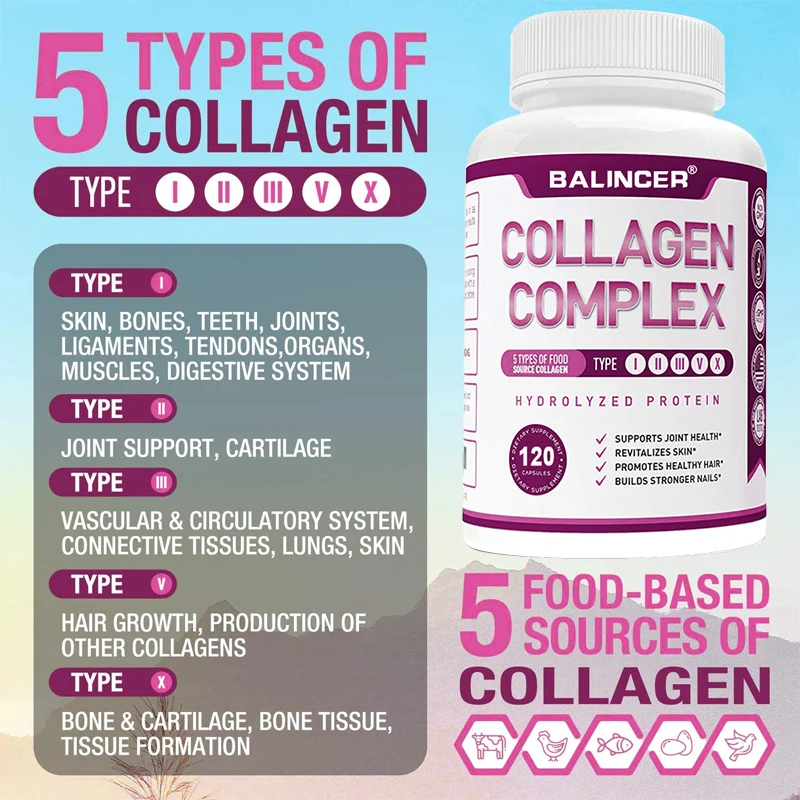 Collagen Complex Peptide Capsules (Types I, II, III, V, X) - Hair, Skin & Nails, Digestive & Joint Health, Hydrolyzed Collagen