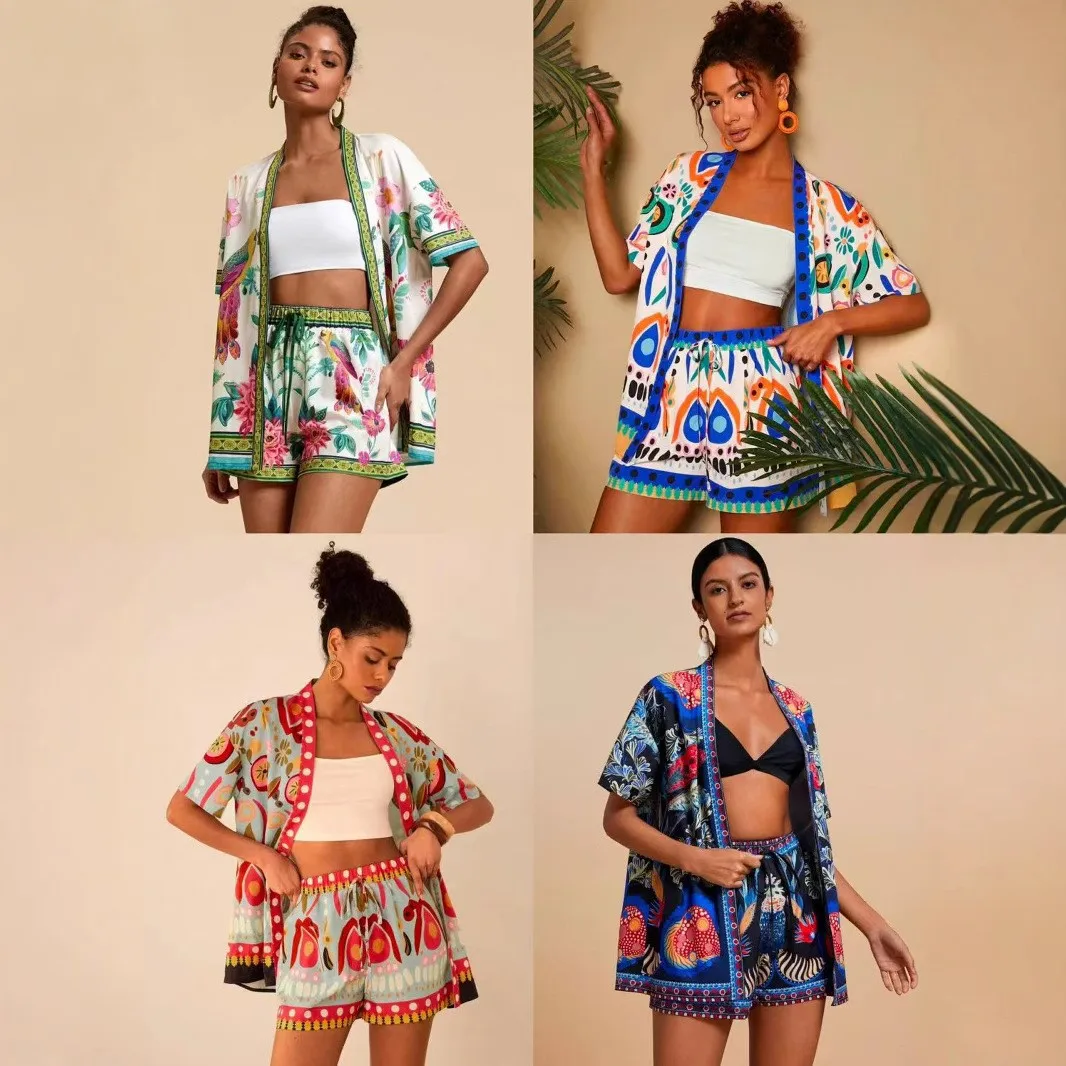 Summer Women's Suit With Crop Top Printed Drawstring Waist Shorts Floral Print Blue Base Green Trim Casual Shorts