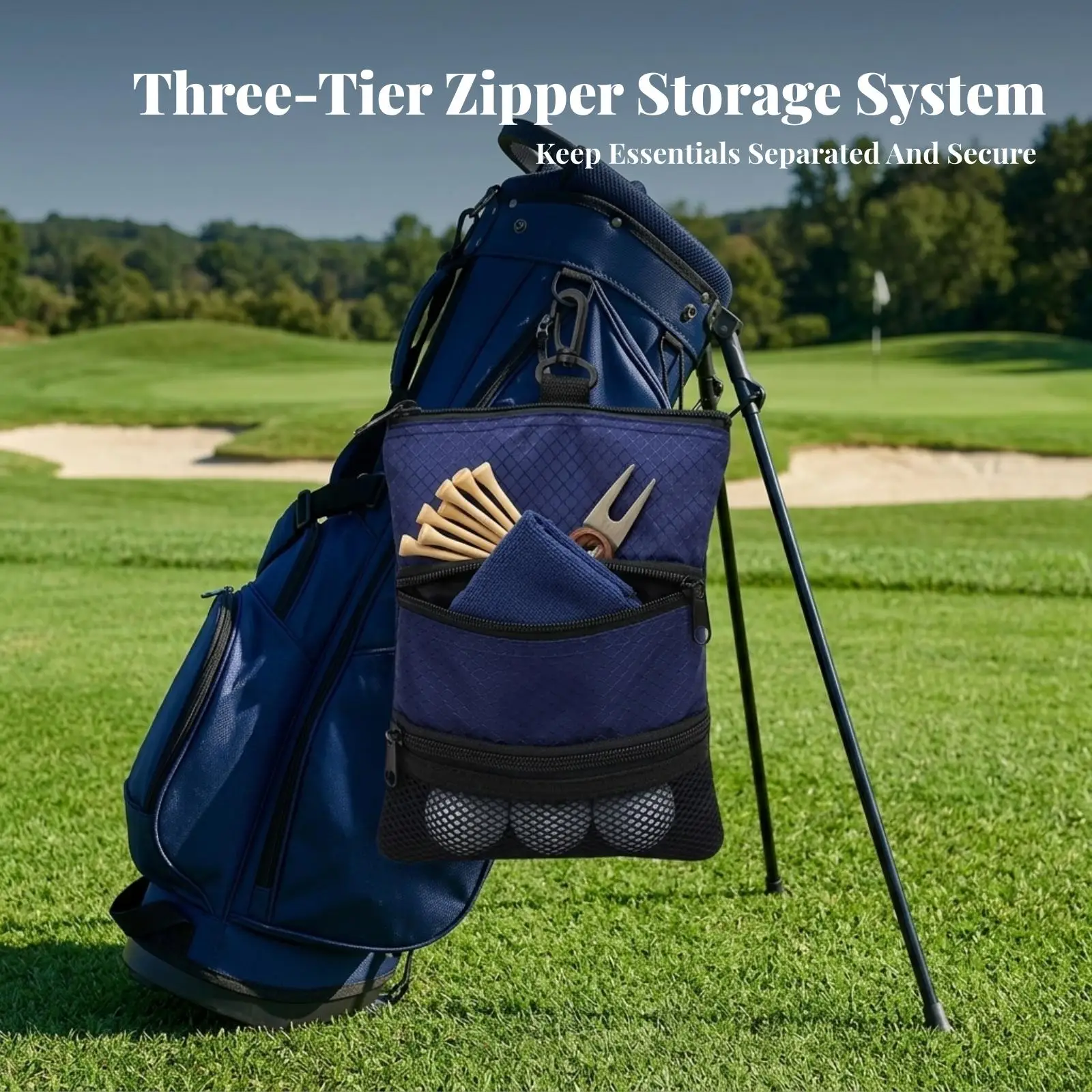 Compact Polyester Golf Pouch with Hanging Hook and Two Zipper Pockets Lightweight Design for Golf Cart Accessories