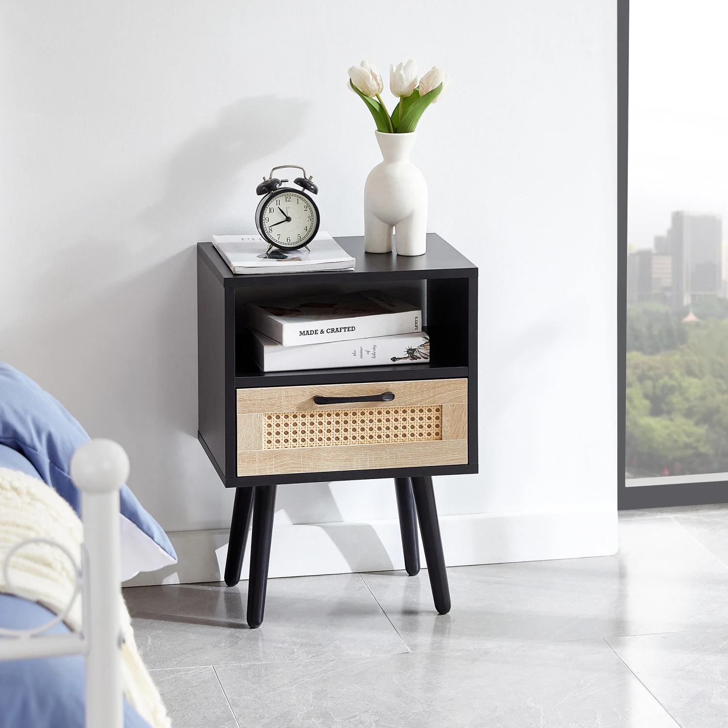 

15.75" Rattan End table with drawer and solid wood legs, Modern nightstand, side table for living room, bedroom, black