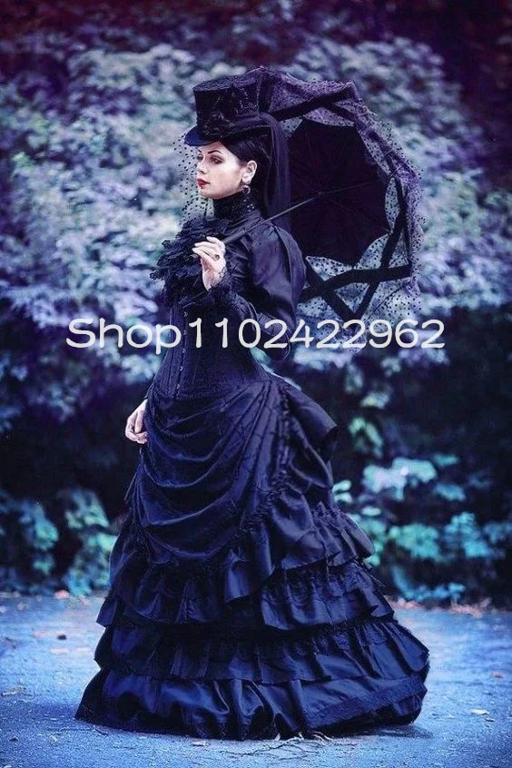 Black Victorian Goth Ball Gown Prom Dresses High Neck Fairy Long Sleeve Steam Gypsy Ruched Corset Halloween Evening Dress