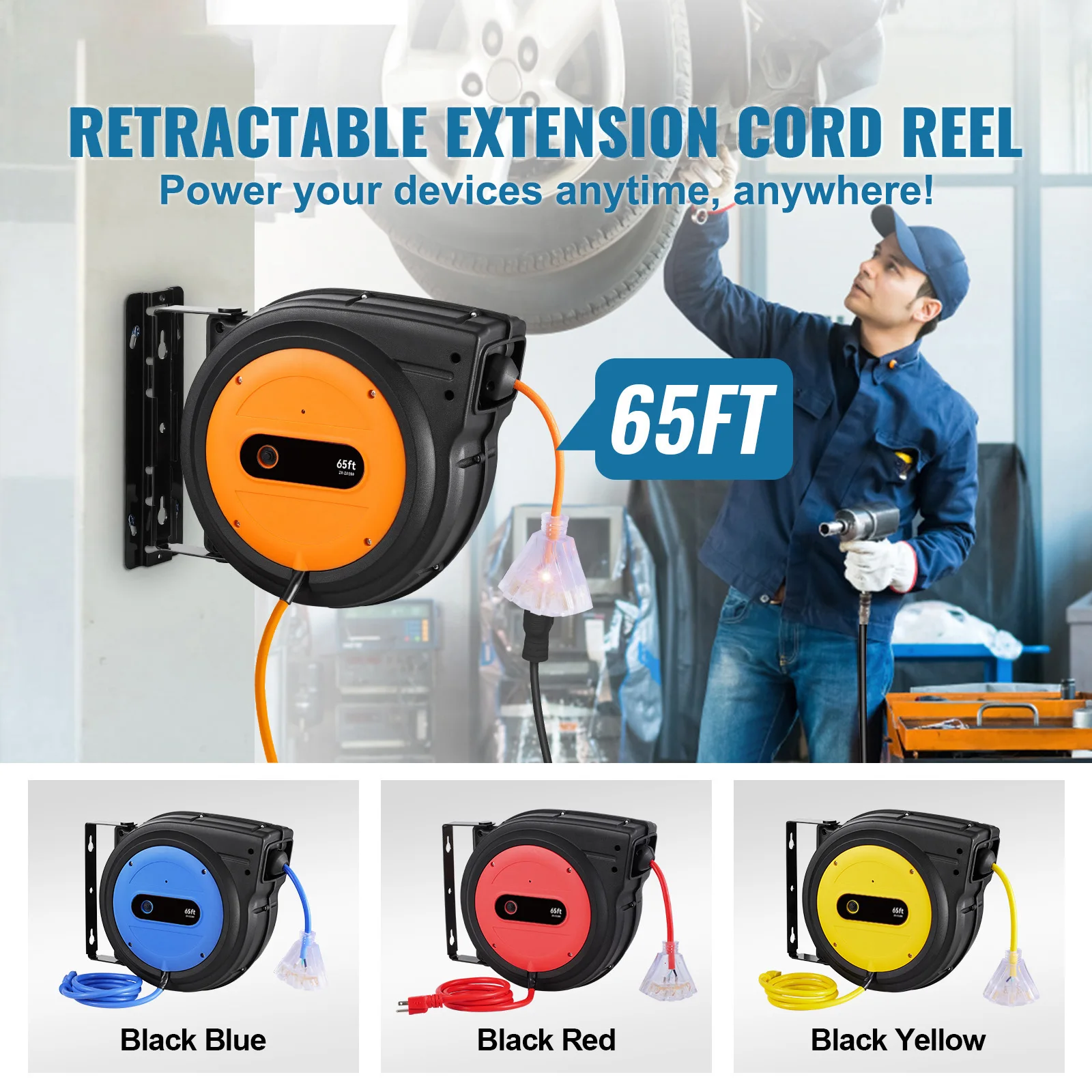Retractable Extension Cord Reel, 65 FT, Heavy-Duty 12AWG/3C SJTOW Retractable Power Cord with Lighted Triple Tap Outlet, 15 Amp Circuit Breaker 180 °   Swivel Bracket for Ceiling or Wall Mount