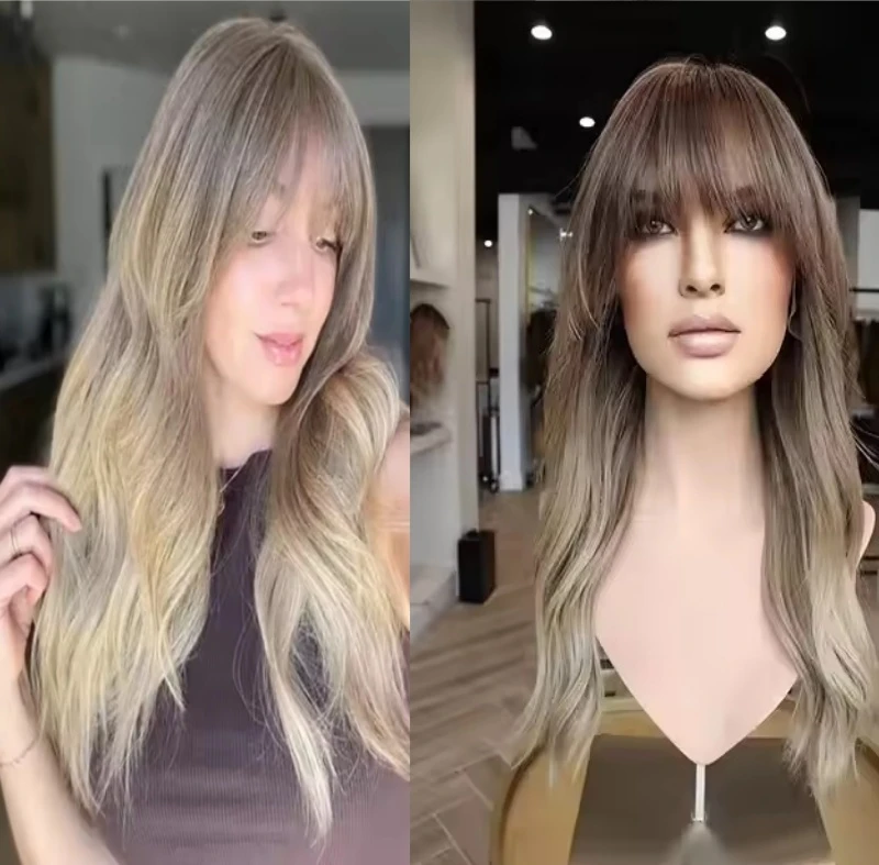 

High Density Ombre Ash Blonde Highlights Short Bob Wig with Bangs 100% Human Hair Wig Dark Roots For Women Natural Looking 16''