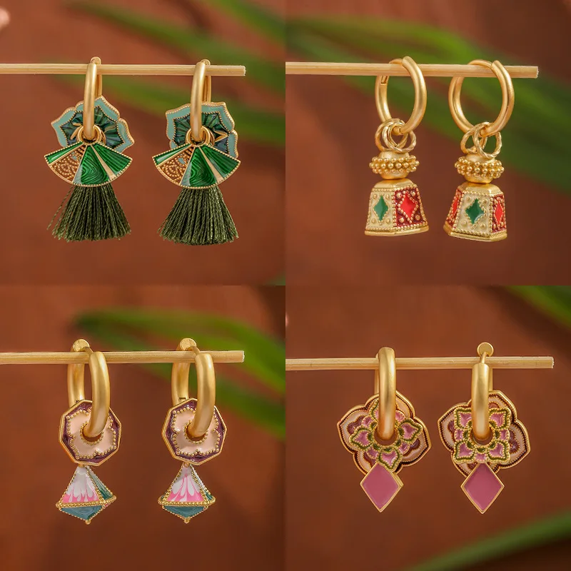 New Fashion Gold Color Hollow Earrings for Women Colorful Enamel Multiple Wear Ways Luxury Jewelry Flower Shaped Tassel Gifts