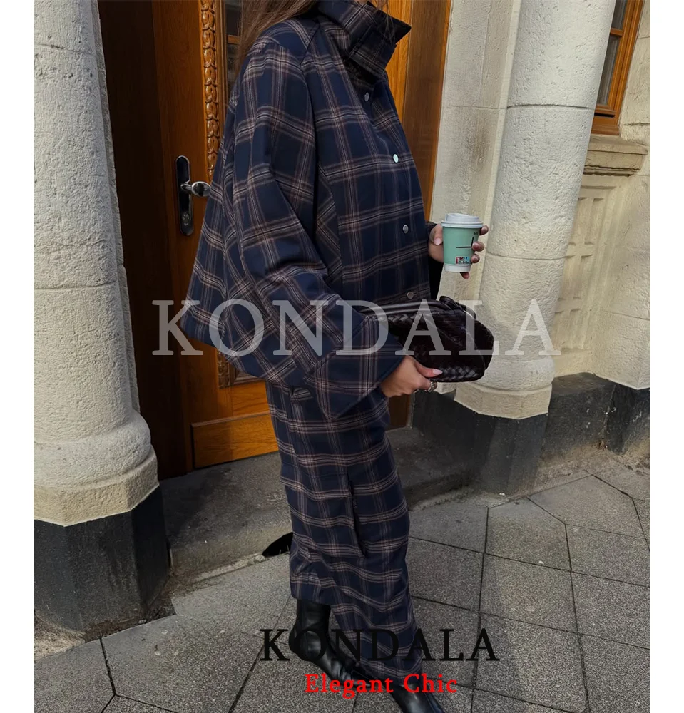 KONDALA Women High Street Hooded Plaid Pants Set Button Jacket Coat Long Cargo Pants Fashion 2026 Winter Spring Outing Girl Set