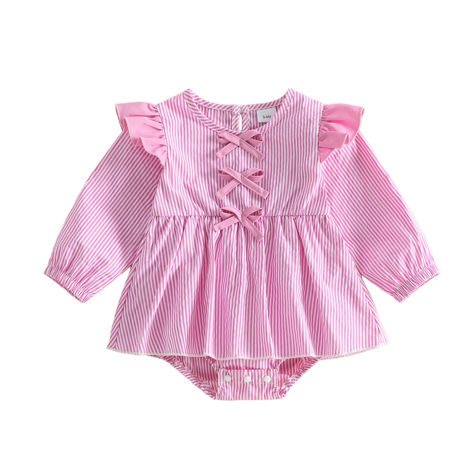 Baby Girl Autumn Romper Dress Flying Sleeve Crew Neck Striped Playsuit with Bow Decor