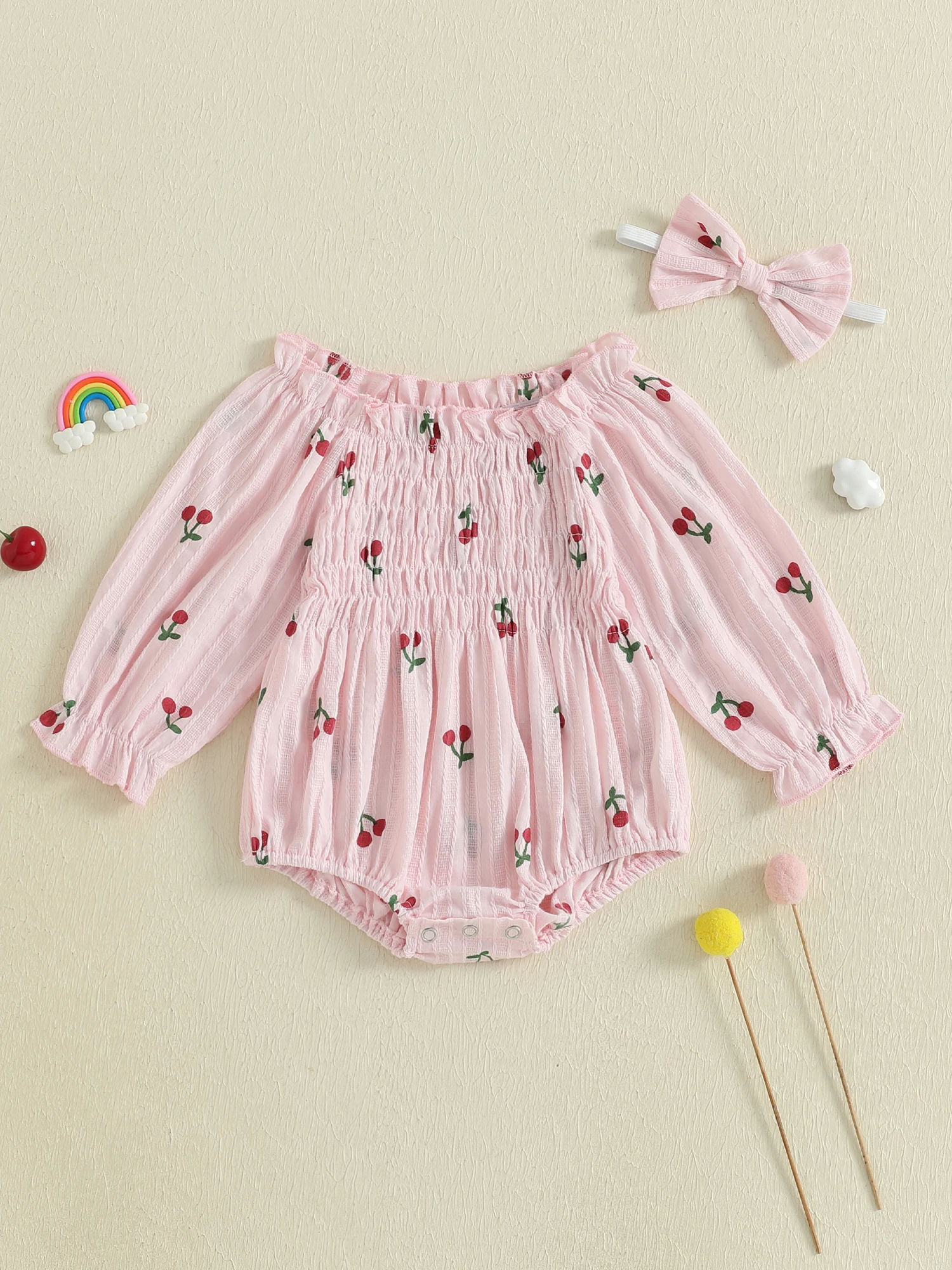 Conjunto de macacão infantil de manga com babados e estampa floral para meninas com faixa de cabeça com laço combinando roupas infantis de verão para recém-nascidos