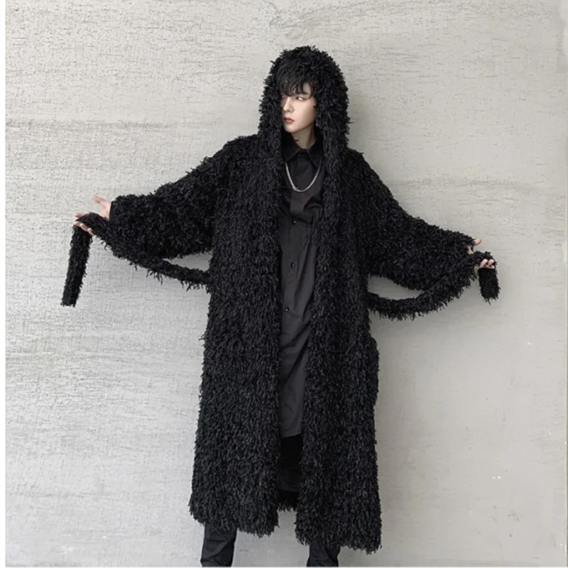 

2023 Men's Long Velvet Coat Solid Color Hooded Fashion High Quality Jacket Loose Faux Fur Warm Lapel Long Sleeve Winter M45