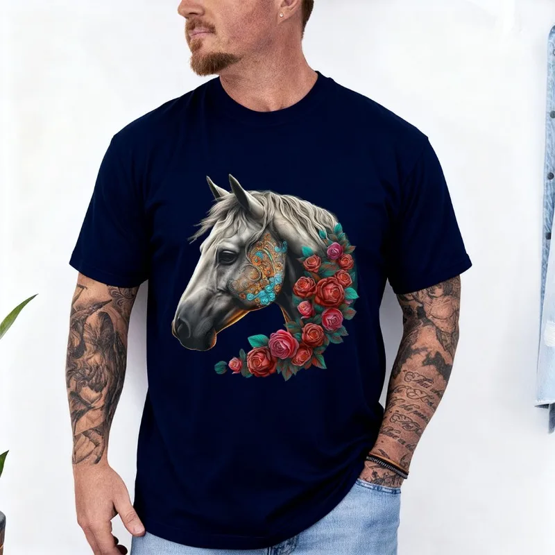 Horse Mandala Flower Animal Motif Horse Cotton T-Shirt Men and Women Crew Neck Short Sleeve Soft Casual Outdoors Fashion Tees