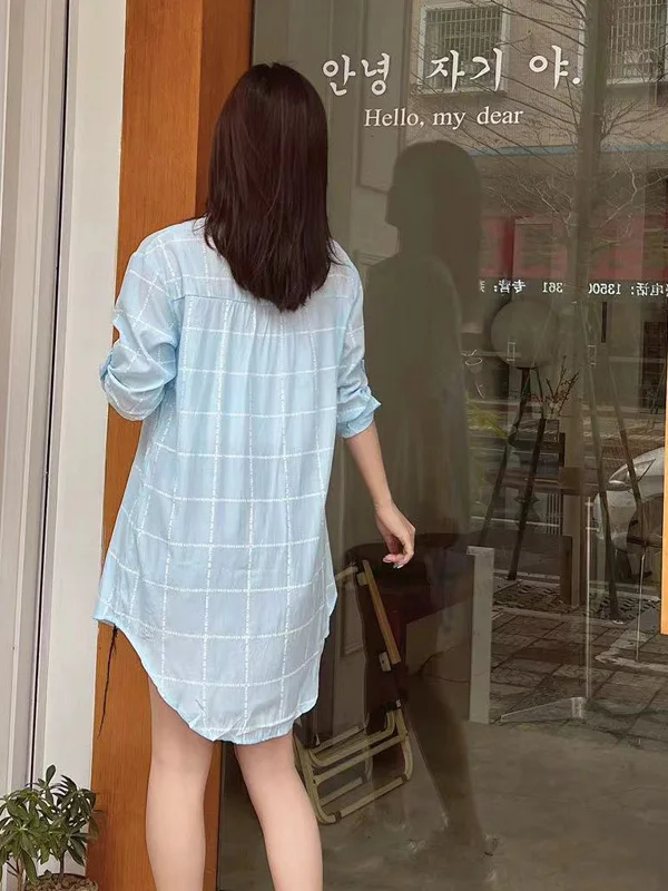 Femmes Plaid Long Sve irt vêtements d'extérieur ample imprimé mi-long Protection UV col Polyester printemps Faion dames