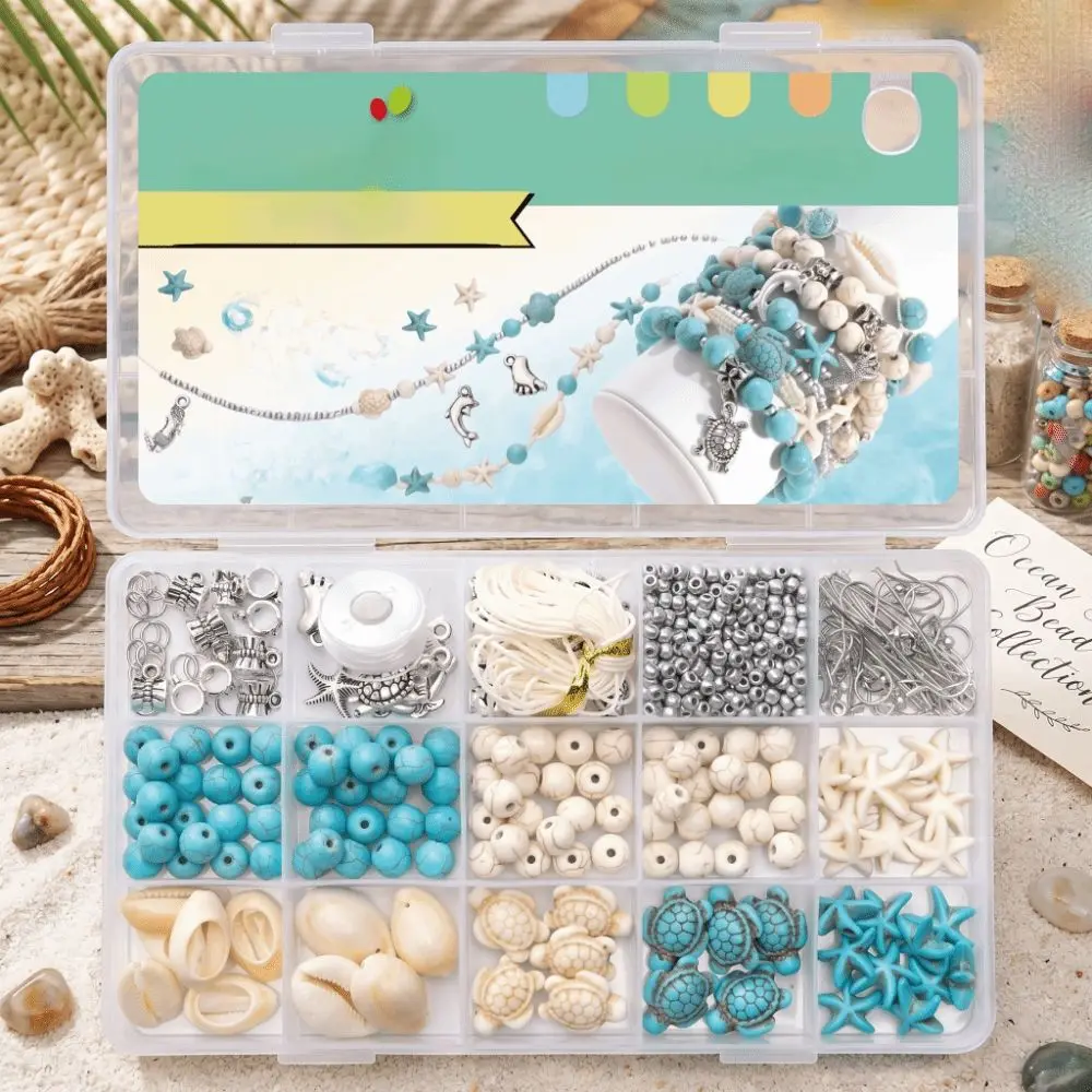 Ocean Inspired DIY Jewelry Making Kit Blue Clay Beads Turtle Shells DIY Handmade Beaded Set Ocean Vacation Starfish Charms