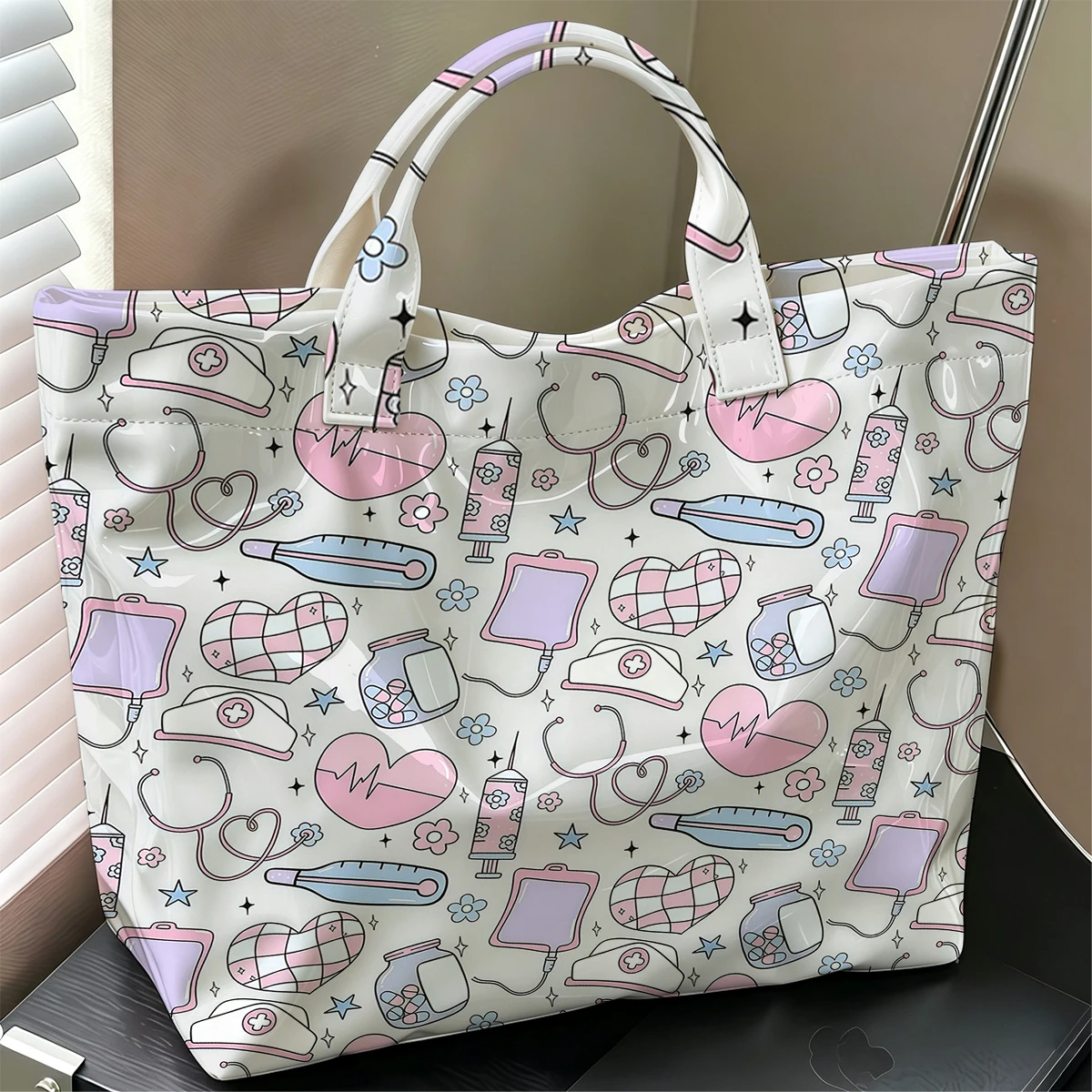 Cute Nurse Medical Icon Cute Large Glossy PVC Tote Bag Hand Washable Lightweight Soft Great for Commute Makeup Storage Handbags