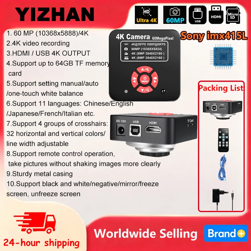 YIZHAN 4K Ultra HD Electronic Repair Microscope 60MP 1080P HDMI USB VGA Video Camera Clamp type all-round bracket set For Lab