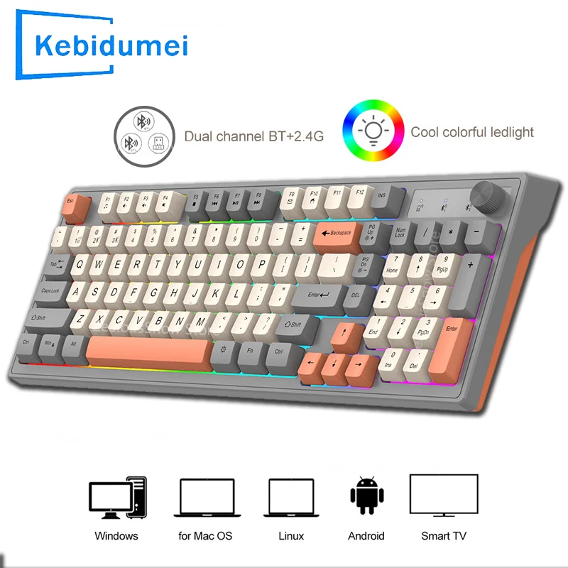 Teclado mecânico sem fio 2.4g, bluetooth 5.0, modo duplo, com luz de fundo rgb, para desktop, pc, escritório/teclado de jogos