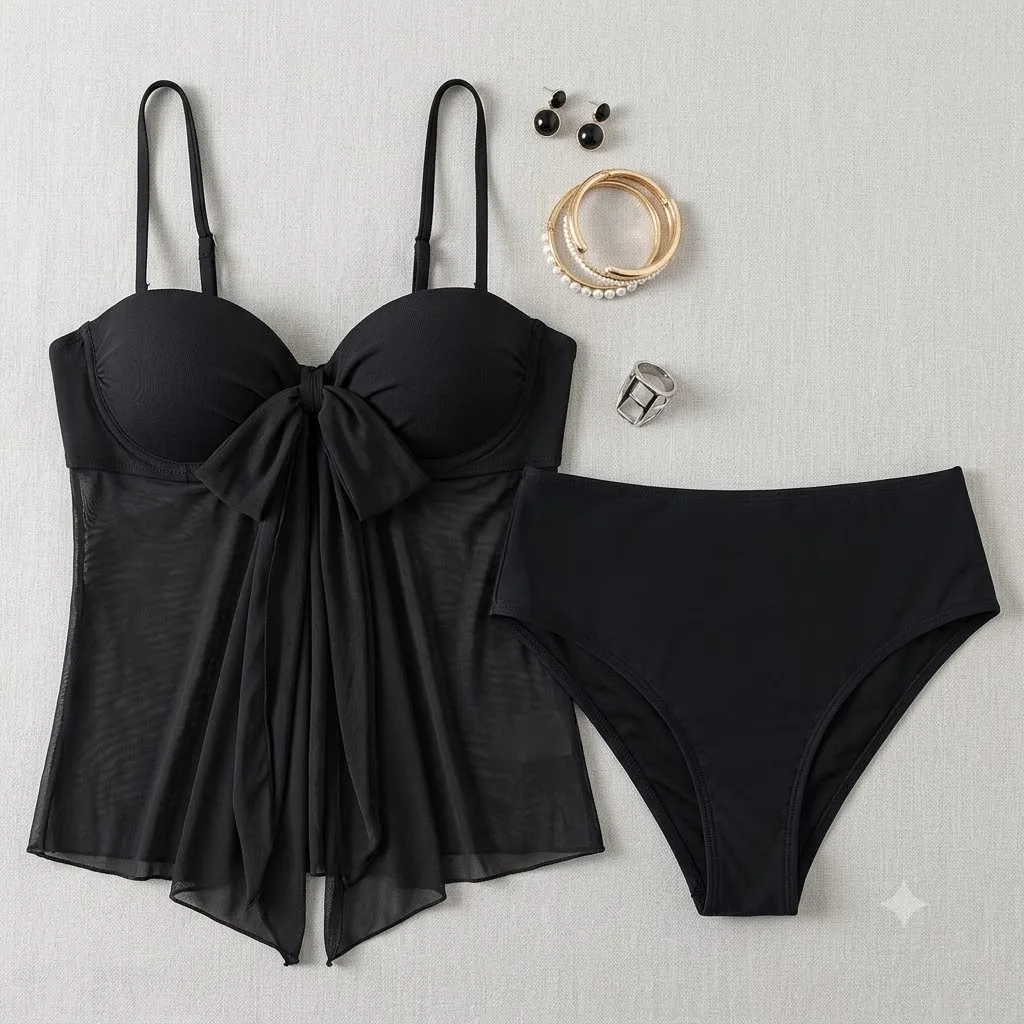 JEWELRY SEN Women Mesh Tankini Swimsuit Spaghetti Strap Bow Knot Two‑Piece Bikini High Waist Bathing Suit Summer Beach Vacation