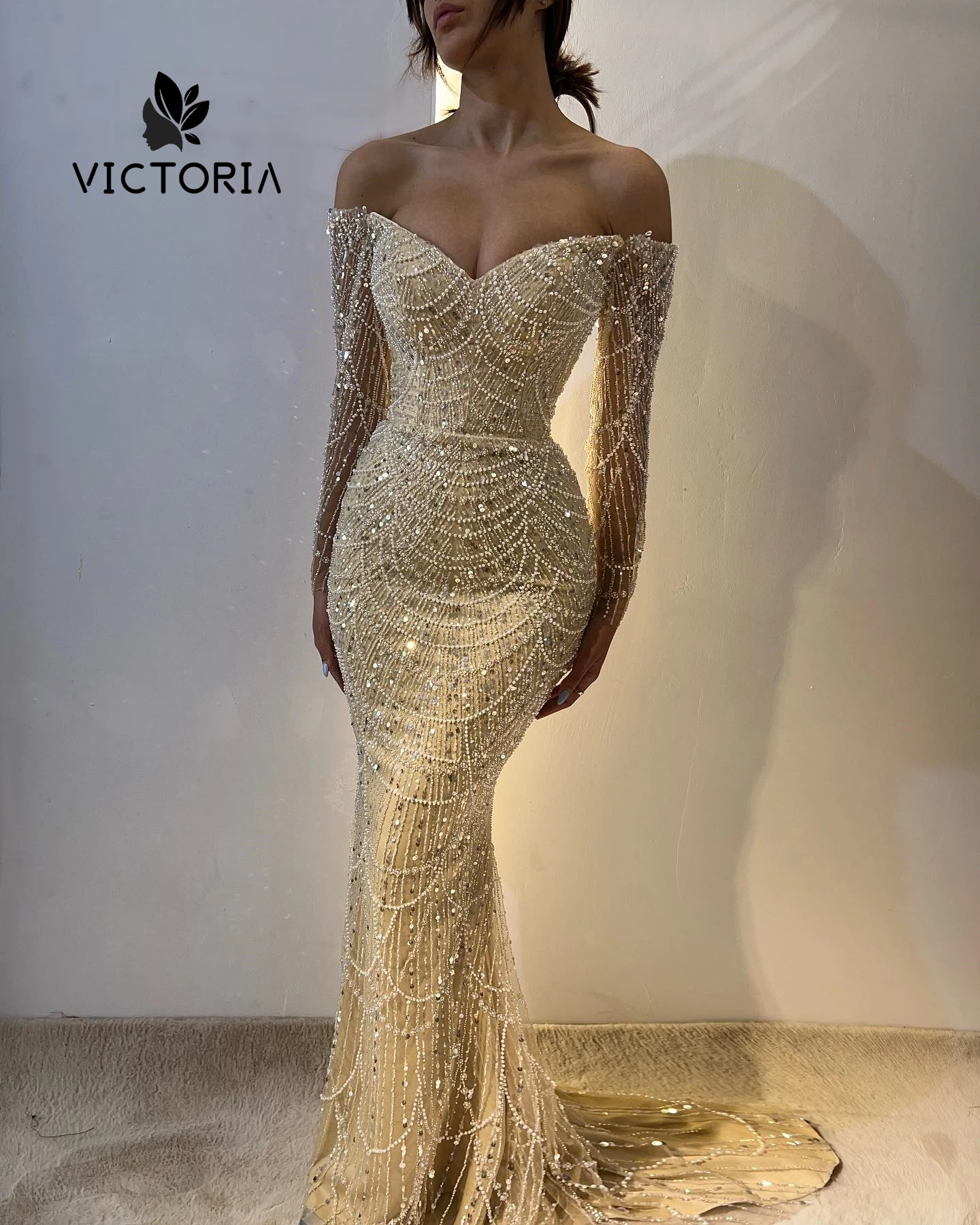 

Dazzling Champagne Off The Shoulder Evening Dresses Beads Sequin Mermaid Dubai Wedding Gowns Luxury Reception Dress Customized