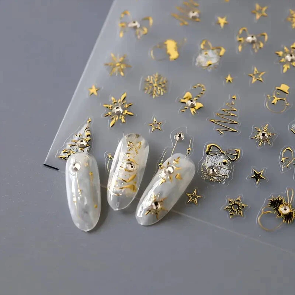 Autocollants pour ongles de noël flocon de neige doré 5D, 1 pièce, Relief brillant, strass, nœud étoile, arbre de noël, décalcomanies adhésives, fournitures pour ongles de noël