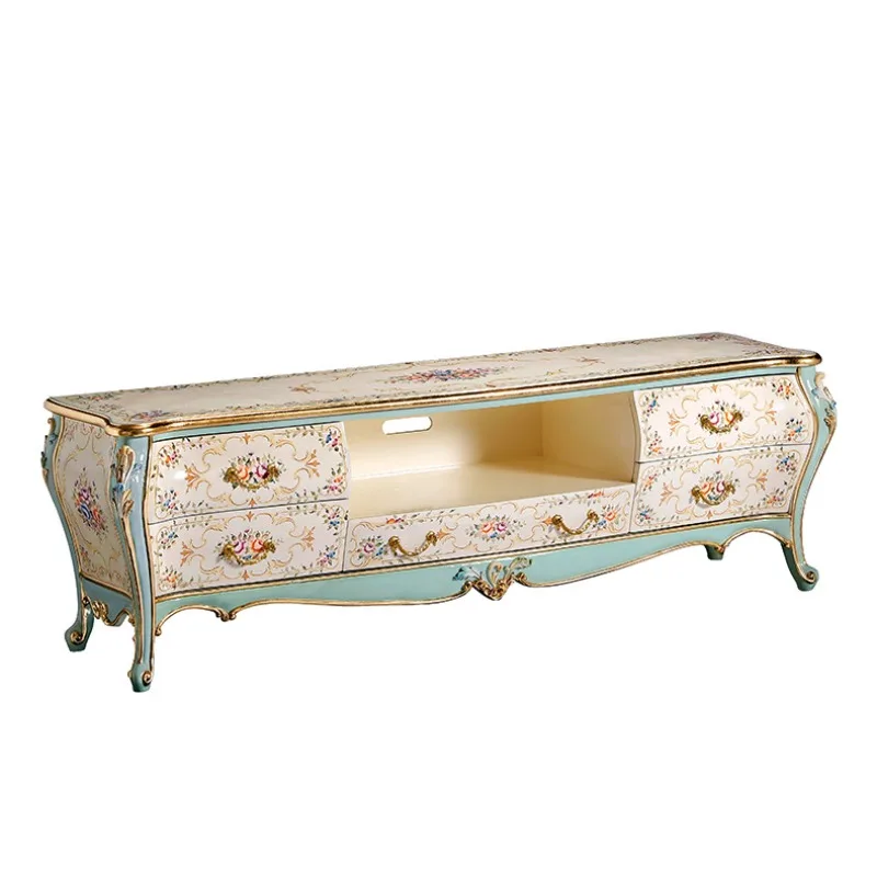 Neo-classical French solid wood TV cabinet vintage painted corridor carved craft entryway console living room storage conso