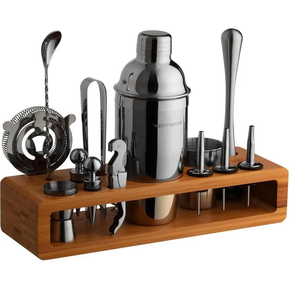 

Полный набор для приготовления коктейлей из 21 предмета с портативными барными инструментами для мужчин и женщин | Черно-коричневая подставка