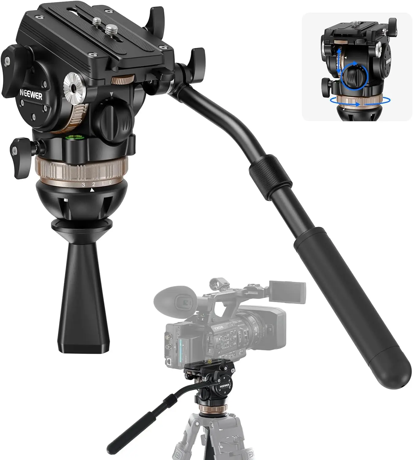 

Video Tripod Fluid Head w/ 6 Level Dynamic Counterbalance, 4 Level Pan/Tilt Damping, Handle, φ75mm Base, Metal Heavy Du
