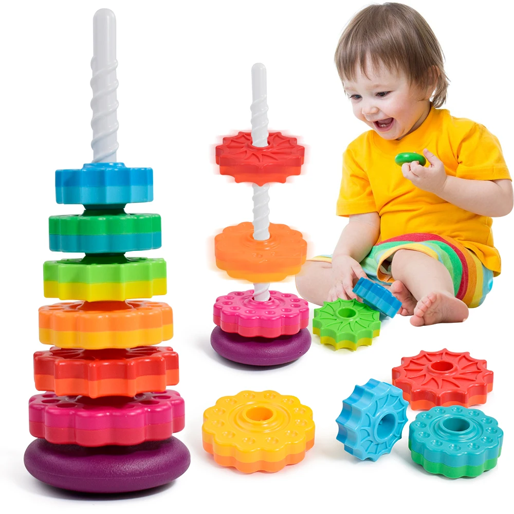 Baby Rotating Rainbow Tower Montessori Baby Stacking Puzzle Toys Safety Early Educational Toy Safety Colored Children's Toys