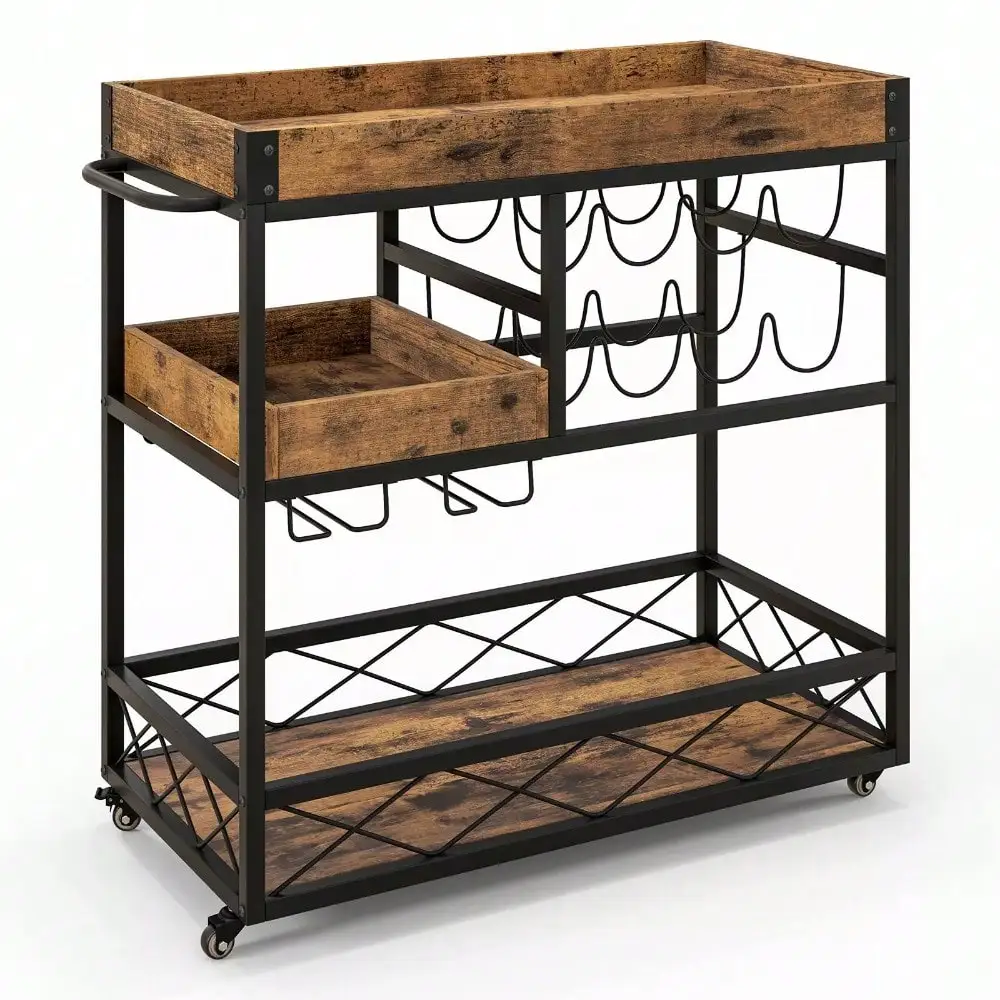 Mobile 3-Tier Bar Serving Cart Liquor Storage Trolley w/Removable Tray Wine Rack