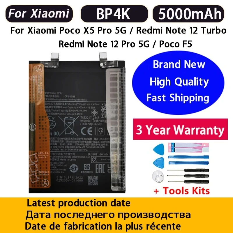 Fast Shipping BP4K Battery 5000mAh For Xiaomi Poco X5 Pro 5G /REDMI Note 12 Pro/Poco F5 /Note 12 Turbo Battery Batteries+Tools