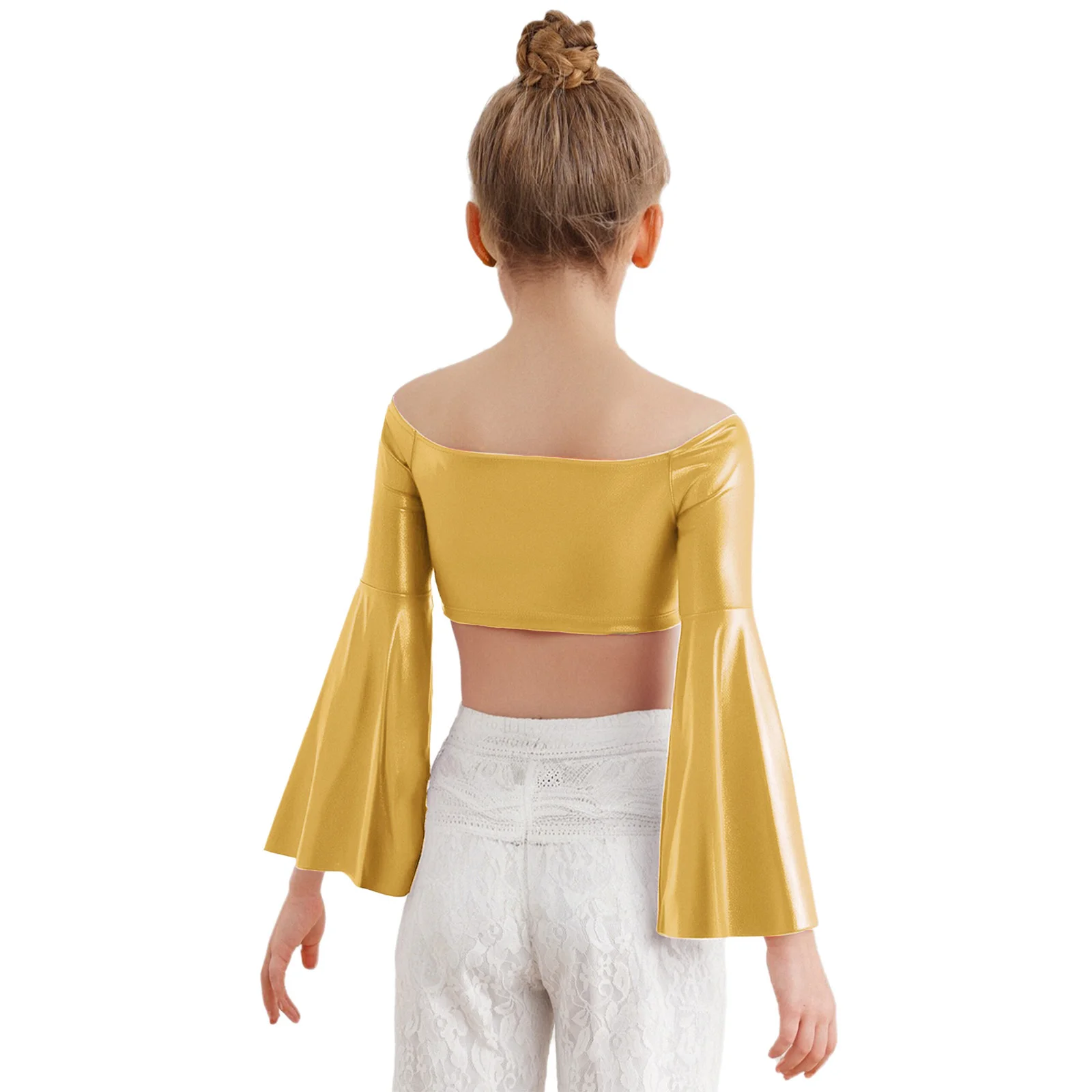 قميص علوي للفتيات لرقص الجاز بأكمام طويلة وأكتاف مكشوفة معدنية لأداء مرحلة التصوير الفوتوغرافي لحفلات أعياد الميلاد