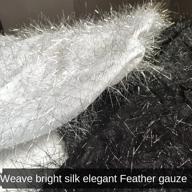 Silver Feather Tassel Jacquard Fabric Elegant Bright Three-dimensional Yarn Creative Clothing Cloth Design Materia Per Meter